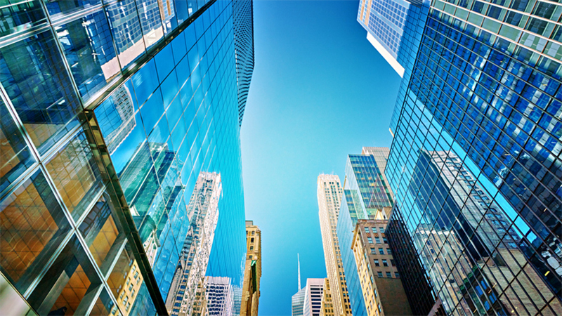 Skyscrapers against a blue sky