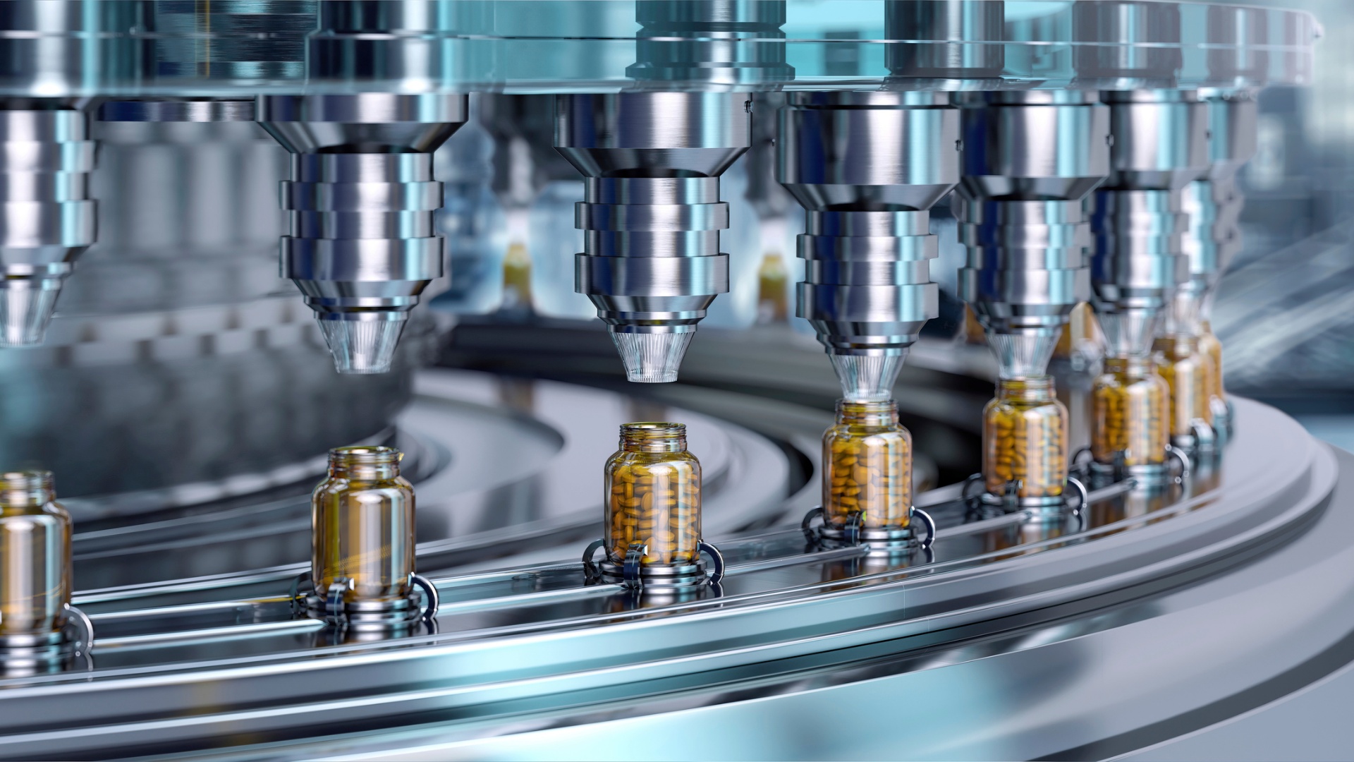 A photo shows a pharmaceutical production line.