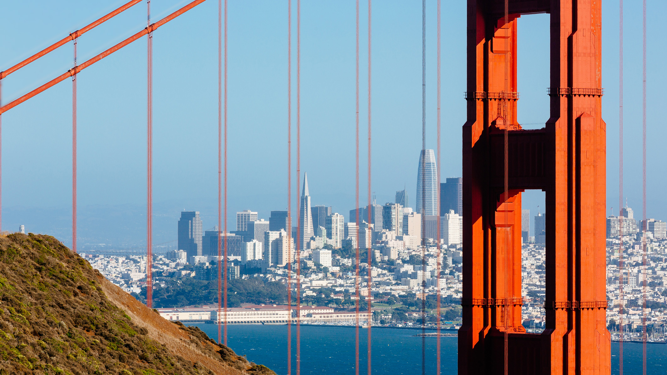 Photo showing the San Francisco skyline and Golden Gate Bridge.