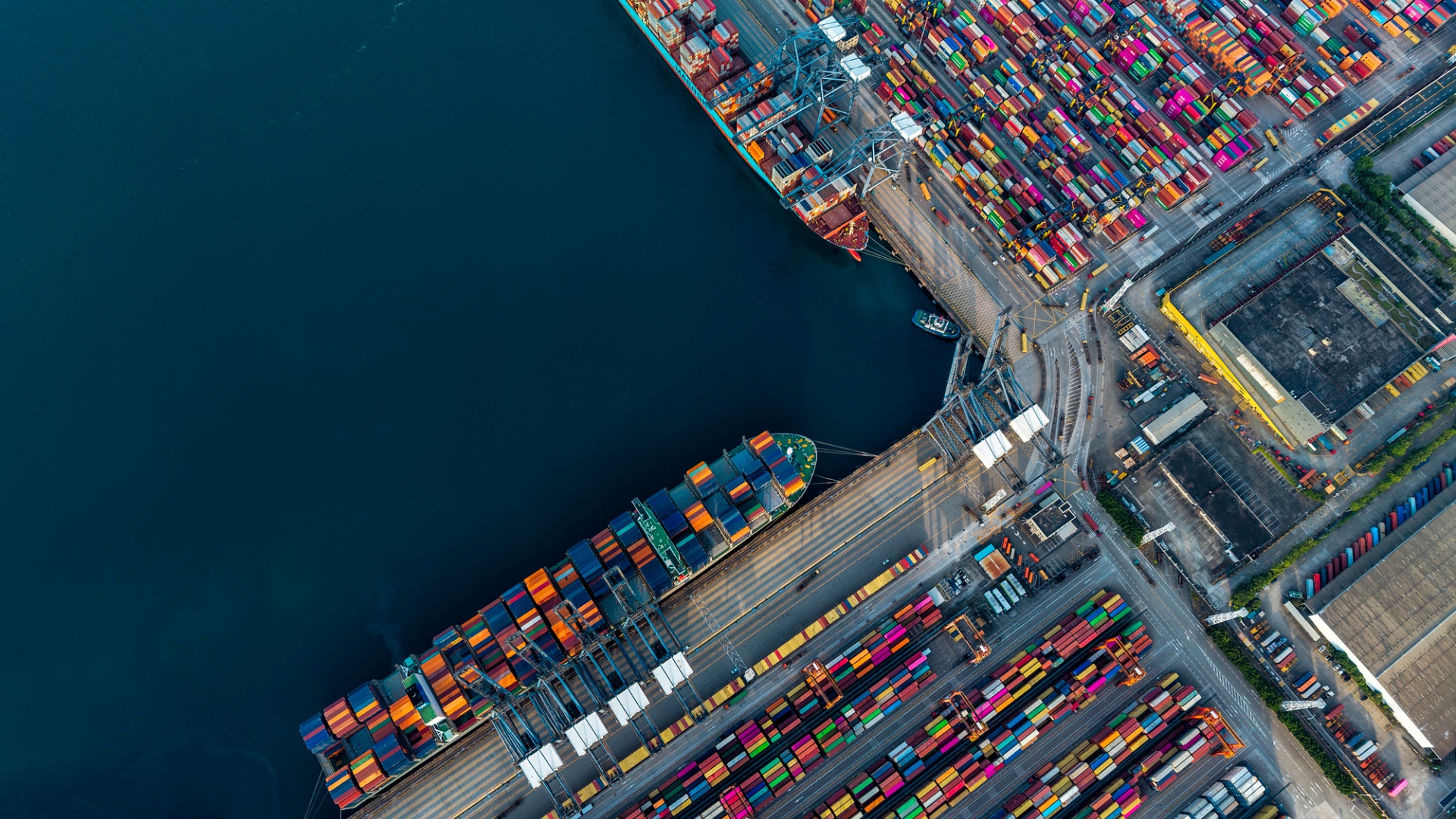 High-angle photo of a cargo container terminal