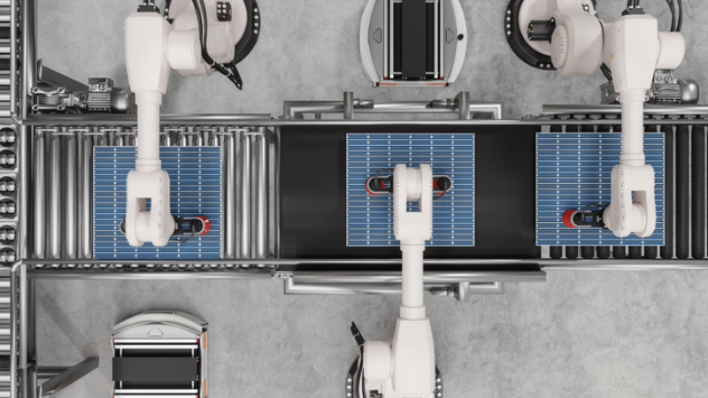 Robot arms assemble solar panels on a production line.