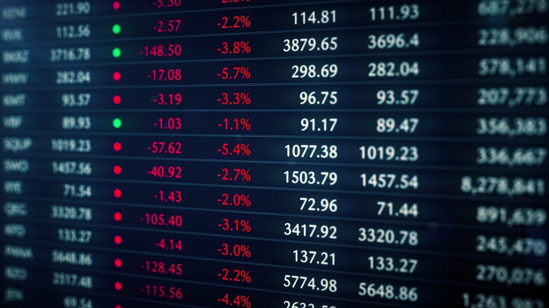 A screen showing changes in stock prices.