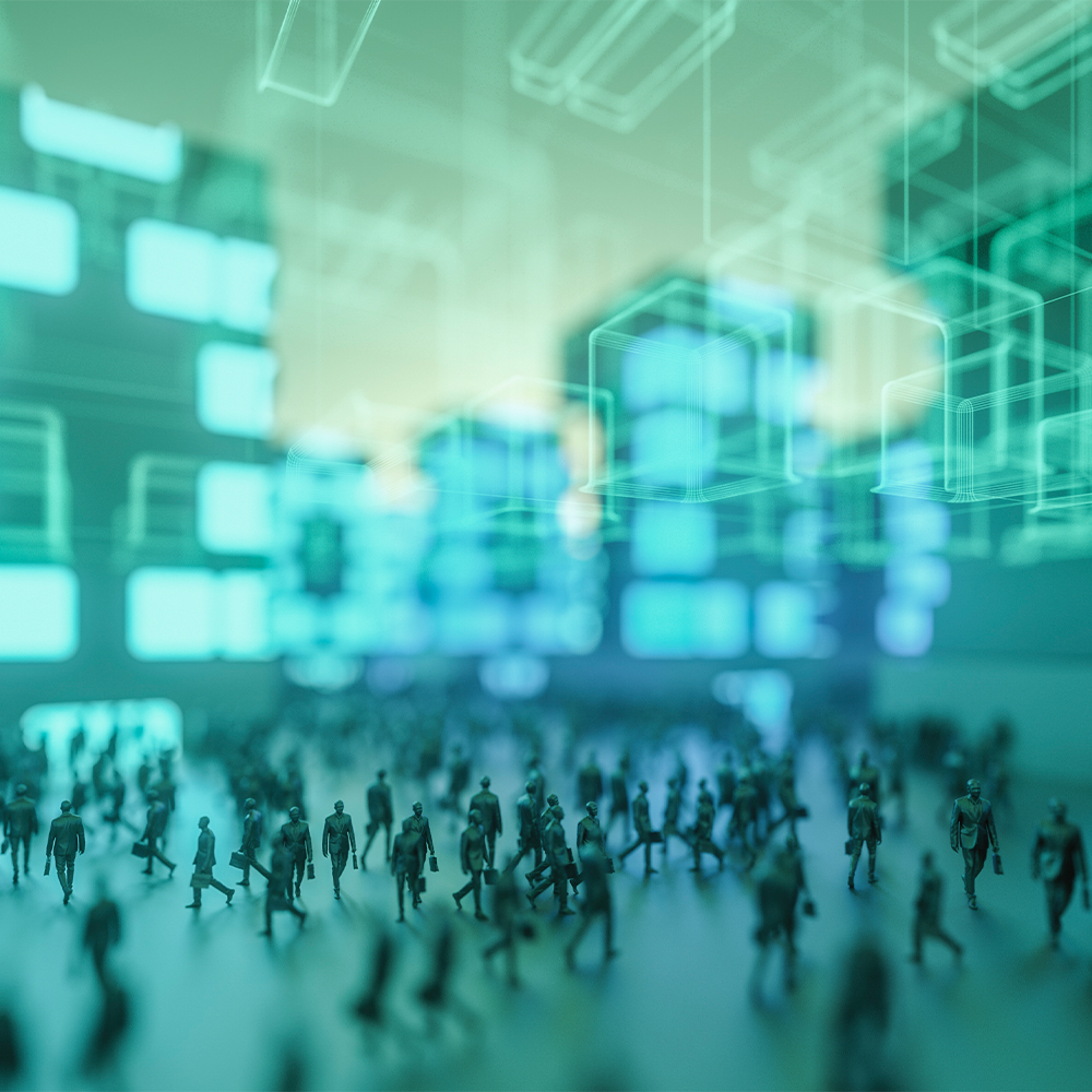 A futuristic digital space with a large crowd of people