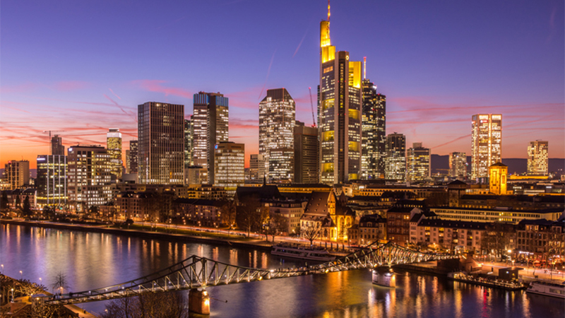View of Frankfurt skyline at sunset